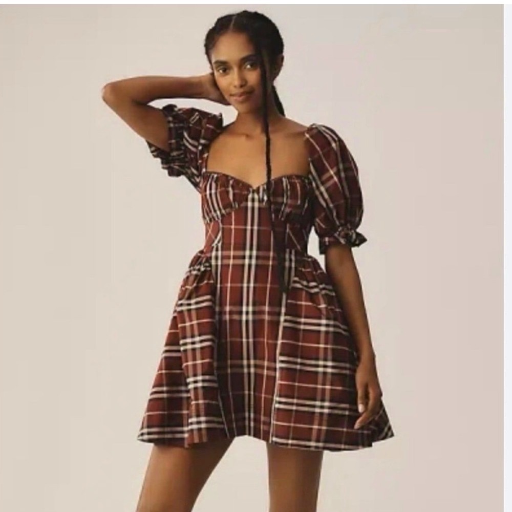 Anthropologie Maeve Red Tartan Plaid Puff Sleeve Mini Dress S OB2080843 - Picture 2 of 10